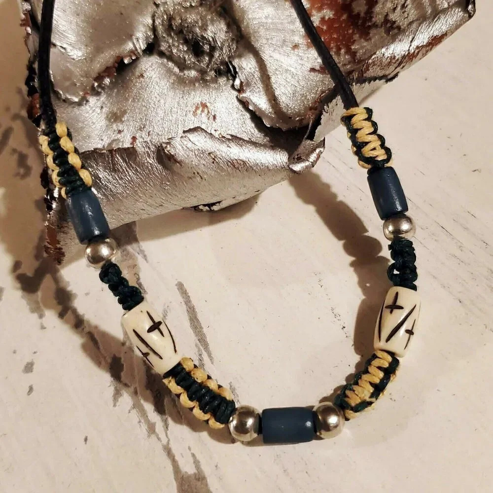 Hand Crafted India Tribal Black Blue Cream Silver Yak Bone Leather Necklace